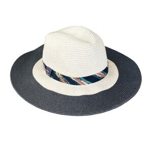 John Callanan Ivory & Navy Stripe Accent Toyo Straw Floppy Sun Hat